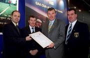 4 February 2002; Pictured at the AIB GAA Club of the Year Awards 2001 in Croke Park are Alan Golden, AIB, Bernard Brannigan, Sean McCague, President of the GAA, and John Fox as An Rutn Mhirr were presented with the Waterford Club of the Year Award at Croke Park in Dublin. Photo by Ray McManus/Sportsfile