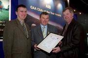 4 February 2002; Pictured at the AIB GAA Club of the Year Awards 2001 in Croke Park are Ciaran Lavelle (Clontibret O'Neill's), Sean McCague (President of the GAA) and Frank McManus (Clontibret O'Neill's).  Contibret O'Neills were presented with the Monaghan Club of the Year Award at Croke Park in Dublin. Photo by Ray McManus/Sportsfile