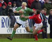2 February 2002; Paddy Wallace of Ireland holds off the tackle of Shane Williams of Wales during the &quot;A&quot; Rugby International match between Ireland A and Wales A at Musgrave Park in Cork. Photo by Brendan Moran/Sportsfile