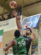 7 January 2017; Jose Maria Gil Narbon of Griffith Swords Thunder shoots a basket despite the best efforts of Phillip Lawrence-Ricks of SSE Airtricity Moycullen during the Hula Hoops Men's National Cup semi-final match between SSE Airtricity Moycullen and Griffith Swords Thunder at the Neptune Stadium in Cork. Photo by Brendan Moran/Sportsfile