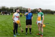 8 January 2017; Captains Shane McGann of Meath, left, Sean Gardiner of Offaly, right, and referee Geroid McGrath during the coin toss ahead of the Bord na Mona Walsh Cup Group 4 Round 1 match between Meath and Offaly at St Loman's Park in Trim, Co. Meath. Photo by Seb Daly/Sportsfile
