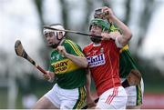 8 January 2017; Seamus Harnedy of Cork in action against Jack Goulding, left and Darren Dineen, right of Kerry during the Co-Op Superstores Munster Senior Hurling League First Round match between Cork and Kerry at Mallow GAA Grounds in Mallow, Co. Cork. Photo by Eóin Noonan/Sportsfile