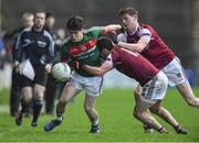8 January 2017; Cian Costello of Mayo in action against Ruairi Greene and Matt Barrett of  NUIG during the Connacht FBD League Section A Round 1 match between Mayo and NUI Galway at Elvery's MacHale Park in Castlebar, Co. Mayo. Photo by David Maher/Sportsfile