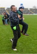 8 January 2017; Meath manager Andy McEntee celebrates with Oran Meade, aged 9, from Simonstown, Co Meath, after the Bord na Mona O'Byrne Cup Group 3 Round 1 match between Meath and Wicklow at Páirc Táilteann in Navan, Co. Meath. Photo by Daire Brennan/Sportsfile