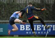 8 January 2017; Shane Cunningham of Dublin collides with DCU goalkeeper Shane Mannion during the Bord na Mona O'Byrne Cup Group 1 Round 1 match between Dublin and DCU Dochas Eireann at Parnell Park in Dublin.  Photo by Cody Glenn/Sportsfile