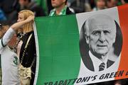 29 May 2011; A supporter holds a flag with a picture of Republic of Ireland manager Giovanni Trapattoni on it during the game. Carling Four Nations Tournament, Republic of Ireland v Scotland, Aviva Stadium, Lansdowne Road, Dublin. Picture credit: David Maher / SPORTSFILE