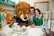 30 May 2011; 'Leo the Lion', the  Leinster mascot, with Mark Sheehan, his mum Mary and dad Finbarr, from Glenville, Co. Cork, during a visit to Temple Street Children's University Hospita by members of the winning Heineken Cup team. The Children's University Hospital, Temple Street, Dublin. Picture credit: Ray McManus / SPORTSFILE
