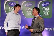 30 May 2011; Thomas Flynn from Galway, who won the 2011 Cadbury Hero of the Future Award, with Shane Guest, Cadbury Ireland. Thomas was one of 14 shortlisted players who had excelled throughout the 2011 Cadbury GAA U21 Football Championship, all nominees can be seen on www.cadburygaau21.com Past winners include Rory O’Carroll from Dublin, Colm O’Neill and Fintan Goold from Cork, Killian Young from Kerry and Keith Higgins from Mayo and all have gone on to represent their counties at senior level. Thomas, who plays his club football with St Mary’s Athenry was named as a Cadbury Hero of the Match for his performance against Cork in the All Ireland Semi Final. The judging panel which consisted of senior Kildare footballer Dermot Earley, former Dublin manager Paul Caffrey, TG4 journalist Michael O’Domhnaill and former Kerry and All Star player Darragh O’Se gave serious consideration to the public votes cast on cadburygaau21.com, but ultimately Thomas Flynn’s heroic performances in both the semi-final against Cork and the final against Cavan edged the competition out in the end. 2011 Cadbury Hero of the Future Awards, Croke Park, Dublin. Picture credit: Pat Murphy / SPORTSFILE