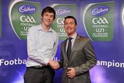 30 May 2011; Thomas Flynn, from Galway, who won the 2011 Cadbury Hero of the Future Award, with Shane Guest, Cadbury Ireland. Thomas was one of 14 shortlisted players who had excelled throughout the 2011 Cadbury GAA U21 Football Championship, all nominees can be seen on www.cadburygaau21.com Past winners include Rory O’Carroll, from Dublin, Colm O’Neill and Fintan Goold, from Cork, Killian Young, from Kerry, and Keith Higgins, from Mayo, and all have gone on to represent their counties at senior level. Thomas, who plays his club football with St Mary’s Athenry was named as a Cadbury Hero of the Match for his performance against Cork in the All Ireland Semi Final. The judging panel which consisted of senior Kildare footballer Dermot Earley, former Dublin manager Paul Caffrey, TG4 journalist Michael O’Domhnaill and former Kerry and All Star player Darragh O’Se gave serious consideration to the public votes cast on cadburygaau21.com, but ultimately Thomas Flynn’s heroic performances in both the semi-final against Cork and the final against Cavan edged the competition out in the end. 2011 Cadbury Hero of the Future Awards, Croke Park, Dublin. Picture credit: Pat Murphy / SPORTSFILE