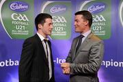 30 May 2011; Pictured with Shane Guest, Cadbury Ireland, is Chris McGuinness, from Monaghan, who was shortlisted for the 2011 Cadbury Hero of the Future Award, Chris McGuinness was one of 14 shortlisted players who excelled throughout the 2011 Cadbury GAA U21 Football Championship. The 2011 Cadbury Hero of the Future Award was won by Thomas Flynn from Galway. All nominees can be seen on www.cadburygaau21.com Past winners, Rory O’Carroll from Dublin, Colm O’Neill and Fintan Goold from Cork, Killian Young from Kerry and Keith Higgins from Mayo have gone on to represent their Counties at Senior level. 2011 Cadbury Hero of the Future Awards, Croke Park, Dublin. Picture credit: Pat Murphy / SPORTSFILE