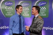 30 May 2011; Pictured with Shane Guest, Cadbury Ireland, is Barry Reilly, from Cavan, who was shortlisted for the 2011 Cadbury Hero of the Future Award, Barry Reilly was one of 14 shortlisted players who excelled throughout the 2011 Cadbury GAA U21 Football Championship. The 2011 Cadbury Hero of the Future Award was won by Thomas Flynn from Galway. All nominees can be seen on www.cadburygaau21.com Past winners, Rory O’Carroll from Dublin, Colm O’Neill and Fintan Goold from Cork, Killian Young from Kerry and Keith Higgins from Mayo have gone on to represent their Counties at Senior level. 2011 Cadbury Hero of the Future Awards, Croke Park, Dublin. Picture credit: Pat Murphy / SPORTSFILE
