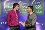 30 May 2011; Pictured with Shane Guest, Cadbury Ireland, is Gearoid McKiernan, from Cavan, who was shortlisted for the 2011 Cadbury Hero of the Future Award, Gearoid McKiernan was one of 14 shortlisted players who excelled throughout the 2011 Cadbury GAA U21 Football Championship. The 2011 Cadbury Hero of the Future Award was won by Thomas Flynn from Galway. All nominees can be seen on www.cadburygaau21.com Past winners, Rory O’Carroll from Dublin, Colm O’Neill and Fintan Goold from Cork, Killian Young from Kerry and Keith Higgins from Mayo have gone on to represent their Counties at Senior level. 2011 Cadbury Hero of the Future Awards, Croke Park, Dublin. Picture credit: Pat Murphy / SPORTSFILE