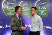 30 May 2011; Pictured with Shane Guest, Cadbury Ireland, is Mark Hehir, from Galway, who was shortlisted for the 2011 Cadbury Hero of the Future Award, Mark Hehir was one of 14 shortlisted players who excelled throughout the 2011 Cadbury GAA U21 Football Championship. The 2011 Cadbury Hero of the Future Award was won by Thomas Flynn from Galway. All nominees can be seen on www.cadburygaau21.com Past winners, Rory O’Carroll from Dublin, Colm O’Neill and Fintan Goold from Cork, Killian Young from Kerry and Keith Higgins from Mayo have gone on to represent their Counties at Senior level. 2011 Cadbury Hero of the Future Awards, Croke Park, Dublin. Picture credit: Pat Murphy / SPORTSFILE