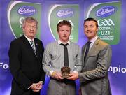 30 May 2011; Pictured with Páraic Ó Dufaigh, Ard-Stiúrthóir, GAA, left, and Shane Guest, Cadbury Ireland, right, is Jack Brady from Cavan who was shortlisted for the 2011 Cadbury Hero of the Future Award, Jack Brady was one of 14 shortlisted players who excelled throughout the 2011 Cadbury GAA U21 Football Championship. The 2011 Cadbury Hero of the Future Award was won by Thomas Flynn from Galway. All nominees can be seen on www.cadburygaau21.com Past winners, Rory O’Carroll from Dublin, Colm O’Neill and Fintan Goold from Cork, Killian Young from Kerry and Keith Higgins from Mayo have gone on to represent their Counties at Senior level. 2011 Cadbury Hero of the Future Awards, Croke Park, Dublin. Picture credit: Pat Murphy / SPORTSFILE