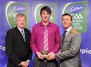 30 May 2011; Pictured with Páraic Ó Dufaigh, Ard-Stiúrthóir, GAA, and Shane Guest, Cadbury Ireland, is Gearoid McKiernan from Cavan who was shortlisted for the 2011 Cadbury Hero of the Future Award, Gearoid McKiernan was one of 14 shortlisted players who excelled throughout the 2011 Cadbury GAA U21 Football Championship. The 2011 Cadbury Hero of the Future Award was won by Thomas Flynn from Galway. All nominees can be seen on www.cadburygaau21.com Past winners, Rory O’Carroll from Dublin, Colm O’Neill and Fintan Goold from Cork, Killian Young from Kerry and Keith Higgins from Mayo have gone on to represent their Counties at Senior level. 2011 Cadbury Hero of the Future Awards, Croke Park, Dublin. Picture credit: Pat Murphy / SPORTSFILE