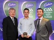 30 May 2011; Pictured with Páraic Ó Dufaigh, Ard-Stiúrthóir, GAA, and Shane Guest, Cadbury Ireland, is Mark Hehir from Galway who was shortlisted for the 2011 Cadbury Hero of the Future Award, Mark Hehir was one of 14 shortlisted players who excelled throughout the 2011 Cadbury GAA U21 Football Championship. The 2011 Cadbury Hero of the Future Award was won by Thomas Flynn from Galway. All nominees can be seen on www.cadburygaau21.com Past winners, Rory O’Carroll from Dublin, Colm O’Neill and Fintan Goold from Cork, Killian Young from Kerry and Keith Higgins from Mayo have gone on to represent their Counties at Senior level. 2011 Cadbury Hero of the Future Awards, Croke Park, Dublin. Picture credit: Pat Murphy / SPORTSFILE