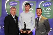 30 May 2011; Pictured with Páraic Ó Dufaigh, Ard-Stiúrthóir, GAA, and Shane Guest, Cadbury Ireland, is Thomas Flynn from Galway, who won the 2011 Cadbury Hero of the Future Award. Thomas Flynn was one of 14 shortlisted players who excelled throughout the 2011 Cadbury GAA U21 Football Championship. The 2011 Cadbury Hero of the Future Award was won by Thomas Flynn from Galway. All nominees can be seen on www.cadburygaau21.com Past winners, Rory O’Carroll from Dublin, Colm O’Neill and Fintan Goold from Cork, Killian Young from Kerry and Keith Higgins from Mayo have gone on to represent their Counties at Senior level. 2011 Cadbury Hero of the Future Awards, Croke Park, Dublin. Picture credit: Pat Murphy / SPORTSFILE
