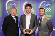 30 May 2011; Pictured with Páraic Ó Dufaigh, Ard-Stiúrthóir, GAA, and Shane Guest, Cadbury Ireland, is Michael O'Regan from Wexford who was shortlisted for the 2011 Cadbury Hero of the Future Award, Michael O'Regan was one of 14 shortlisted players who excelled throughout the 2011 Cadbury GAA U21 Football Championship. The 2011 Cadbury Hero of the Future Award was won by Thomas Flynn from Galway. All nominees can be seen on www.cadburygaau21.com Past winners, Rory O’Carroll from Dublin, Colm O’Neill and Fintan Goold from Cork, Killian Young from Kerry and Keith Higgins from Mayo have gone on to represent their Counties at Senior level. 2011 Cadbury Hero of the Future Awards, Croke Park, Dublin. Picture credit: Pat Murphy / SPORTSFILE