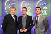 30 May 2011; Pictured with Páraic Ó Dufaigh, Ard-Stiúrthóir, GAA, and Shane Guest, Cadbury Ireland, is Tomas Fahy from Galway who was shortlisted for the 2011 Cadbury Hero of the Future Award, Tomas Fahy was one of 14 shortlisted players who excelled throughout the 2011 Cadbury GAA U21 Football Championship. The 2011 Cadbury Hero of the Future Award was won by Thomas Flynn from Galway. All nominees can be seen on www.cadburygaau21.com Past winners, Rory O’Carroll from Dublin, Colm O’Neill and Fintan Goold from Cork, Killian Young from Kerry and Keith Higgins from Mayo have gone on to represent their Counties at Senior level. 2011 Cadbury Hero of the Future Awards, Croke Park, Dublin. Picture credit: Pat Murphy / SPORTSFILE