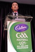30 May 2011; Shane Guest, Cadbury Ireland, speaking during the 2011 Cadbury Hero of the Future Awards ceremony when 14 shortlisted players who had excelled throughout the 2011 Cadbury GAA U21 Football Championship where honoured. All nominees can be seen on www.cadburygaau21.com Past winners include Rory O’Carroll from Dublin, Colm O’Neill and Fintan Goold from Cork, Killian Young from Kerry and Keith Higgins from Mayo and all have gone on to represent their counties at senior level. Thomas, who plays his club football with St Mary’s Athenry was named as a Cadbury Hero of the Match for his performance against Cork in the All Ireland Semi Final. The judging panel which consisted of senior Kildare footballer Dermot Earley, former Dublin manager Paul Caffrey, TG4 journalist Michael O’Domhnaill and former Kerry and All Star player Darragh O’Se gave serious consideration to the public votes cast on cadburygaau21.com, but ultimately Thomas Flynn’s heroic performances in both the semi-final against Cork and the final against Cavan edged the competition out in the end. 2011 Cadbury Hero of the Future Awards, Croke Park, Dublin. Picture credit: Pat Murphy / SPORTSFILE