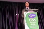 30 May 2011; Shane Guest, Cadbury Ireland, speaking during the 2011 Cadbury Hero of the Future Awards ceremony when 14 shortlisted players who had excelled throughout the 2011 Cadbury GAA U21 Football Championship where honoured. All nominees can be seen on www.cadburygaau21.com Past winners include Rory O’Carroll from Dublin, Colm O’Neill and Fintan Goold from Cork, Killian Young from Kerry and Keith Higgins from Mayo and all have gone on to represent their counties at senior level. Thomas, who plays his club football with St Mary’s Athenry was named as a Cadbury Hero of the Match for his performance against Cork in the All Ireland Semi Final. The judging panel which consisted of senior Kildare footballer Dermot Earley, former Dublin manager Paul Caffrey, TG4 journalist Michael O’Domhnaill and former Kerry and All Star player Darragh O’Se gave serious consideration to the public votes cast on cadburygaau21.com, but ultimately Thomas Flynn’s heroic performances in both the semi-final against Cork and the final against Cavan edged the competition out in the end. 2011 Cadbury Hero of the Future Awards, Croke Park, Dublin. Picture credit: Pat Murphy / SPORTSFILE