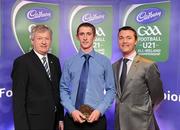 30 May 2011; Pictured with Páraic Ó Dufaigh, Ard-Stiúrthóir, GAA, and Shane Guest, Cadbury Ireland, is Barry Reilly from Cavan who was shortlisted for the 2011 Cadbury Hero of the Future Award, Barry Reilly was one of 14 shortlisted players who excelled throughout the 2011 Cadbury GAA U21 Football Championship. The 2011 Cadbury Hero of the Future Award was won by Thomas Flynn from Galway. All nominees can be seen on www.cadburygaau21.com Past winners, Rory O’Carroll from Dublin, Colm O’Neill and Fintan Goold from Cork, Killian Young from Kerry and Keith Higgins from Mayo have gone on to represent their Counties at Senior level. 2011 Cadbury Hero of the Future Awards, Croke Park, Dublin. Picture credit: Pat Murphy / SPORTSFILE