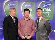 30 May 2011; Pictured with Páraic Ó Dufaigh, Ard-Stiúrthóir, GAA, and Shane Guest, Cadbury Ireland, is Conor Lynam from Westmeath who was shortlisted for the 2011 Cadbury Hero of the Future Award, Conor Lynam was one of 14 shortlisted players who excelled throughout the 2011 Cadbury GAA U21 Football Championship. The 2011 Cadbury Hero of the Future Award was won by Thomas Flynn from Galway. All nominees can be seen on www.cadburygaau21.com Past winners, Rory O’Carroll from Dublin, Colm O’Neill and Fintan Goold from Cork, Killian Young from Kerry and Keith Higgins from Mayo have gone on to represent their Counties at Senior level. 2011 Cadbury Hero of the Future Awards, Croke Park, Dublin. Picture credit: Pat Murphy / SPORTSFILE