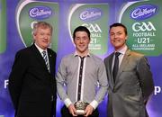 30 May 2011; Pictured with Páraic Ó Dufaigh, Ard-Stiúrthóir, GAA, and Shane Guest, Cadbury Ireland, is Chris McGuinness from Monaghan who was shortlisted for the 2011 Cadbury Hero of the Future Award, Chris McGuinness was one of 14 shortlisted players who excelled throughout the 2011 Cadbury GAA U21 Football Championship. The 2011 Cadbury Hero of the Future Award was won by Thomas Flynn from Galway. All nominees can be seen on www.cadburygaau21.com Past winners, Rory O’Carroll from Dublin, Colm O’Neill and Fintan Goold from Cork, Killian Young from Kerry and Keith Higgins from Mayo have gone on to represent their Counties at Senior level. 2011 Cadbury Hero of the Future Awards, Croke Park, Dublin. Picture credit: Pat Murphy / SPORTSFILE