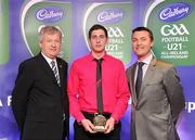 30 May 2011; Pictured with Páraic Ó Dufaigh, Ard-Stiúrthóir, GAA, and Shane Guest, Cadbury Ireland, is Paul Geaney from Kerry who was shortlisted for the 2011 Cadbury Hero of the Future Award, Paul Geaney was one of 14 shortlisted players who excelled throughout the 2011 Cadbury GAA U21 Football Championship. The 2011 Cadbury Hero of the Future Award was won by Thomas Flynn from Galway. All nominees can be seen on www.cadburygaau21.com Past winners, Rory O’Carroll from Dublin, Colm O’Neill and Fintan Goold from Cork, Killian Young from Kerry and Keith Higgins from Mayo have gone on to represent their Counties at Senior level. 2011 Cadbury Hero of the Future Awards, Croke Park, Dublin. Picture credit: Pat Murphy / SPORTSFILE