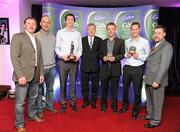 30 May 2011; Pictured is Thomas Flynn from Galway, third from left, after receiving the 2011 Cadbury Hero of the Future Award, with, from left, Alan Mulholland, Galway U21 manager, Donal O Fatharta, Galway selector, Páraic Ó Dufaigh, Ard-Stiúrthóir, GAA, Thomas Fahy, Galway, Mark Hehir, Galway, and Seamus O'Grady, Secretery of the Galway Football Board. Thomas Flynn was one of 14 shortlisted players who had excelled throughout the 2011 Cadbury GAA U21 Football Championship, all nominees can be seen on www.cadburygaau21.com Past winners include Rory O’Carroll from Dublin, Colm O’Neill and Fintan Goold from Cork, Killian Young from Kerry and Keith Higgins from Mayo and all have gone on to represent their counties at senior level. Thomas, who plays his club football with St Mary’s Athenry was named as a Cadbury Hero of the Match for his performance against Cork in the All Ireland Semi Final. The judging panel which consisted of senior Kildare footballer Dermot Earley, former Dublin manager Paul Caffrey, TG4 journalist Michael O’Domhnaill and former Kerry and All Star player Darragh O’Se gave serious consideration to the public votes cast on cadburygaau21.com, but ultimately Thomas Flynn’s heroic performances in both the semi-final against Cork and the final against Cavan edged the competition out in the end. 2011 Cadbury Hero of the Future Awards, Croke Park, Dublin. Picture credit: Pat Murphy / SPORTSFILE