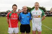 29 May 2011; Captains Alan Dillon, left, Mayo and Sean McVeigh, London, with referee Michael Collins before the game. Connacht GAA Football Senior Championship, Quarter-Final, London v Mayo, Emerald Park, Ruislip, London, England. Picture credit: Brendan Moran / SPORTSFILE