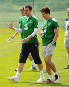 31 May 2011; Republic of Ireland's John O'Shea and Sean St. Ledger make their way off the field after squad training ahead of their upcoming EURO2012 Championship Qualifier against Macedonia on Saturday. Republic of Ireland Squad Training, Gannon Park, Malahide, Co. Dublin. Picture credit: Oliver McVeigh / SPORTSFILE