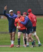 9 January 2017; Ronan O'Mahony, centre, of Munster is congratulated by team-mates Francis Saili, left, and Greg O'Shea after scoring a goal in a game of soccer during squad training at University of Limerick in Limerick. Photo by Diarmuid Greene/Sportsfile