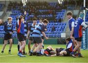 10 January 2017; Sam Turner, hidden, of Newpark Comprehensive is congratulated by team-mates after scoring his team's fourth try during the Bank of Ireland Fr Godfrey Cup Round 1 match between Newpark Comprehensive and Templeogue College at Donnybrook Stadium in Donnybrook, Dublin. Photo by Cody Glenn/Sportsfile