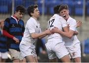 10 January 2017; Stephen Corry, right, of Presentation College Bray celebrates scoring his side's first try with team-mates Same Kearney, centre, and Peter Ford during the Bank of Ireland Fr Godfrey Cup Round 1 match between Presentation College Bray and Mount Temple at Donnybrook Stadium in Donnybrook, Dublin. Photo by Cody Glenn/Sportsfile