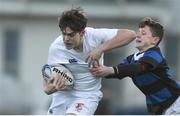 10 January 2017; Sam Kearney of Presentation College Bray is tackled by Finn O'Reilly of Mount Temple during the Bank of Ireland Fr Godfrey Cup Round 1 match between Presentation College Bray and Mount Temple at Donnybrook Stadium in Donnybrook, Dublin. Photo by Cody Glenn/Sportsfile
