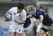 10 January 2017; Sam Kearney of Presentation College Bray is tackled by Alec Dawson of Mount Temple during the Bank of Ireland Fr Godfrey Cup Round 1 match between Presentation College Bray and Mount Temple at Donnybrook Stadium in Donnybrook, Dublin. Photo by Cody Glenn/Sportsfile