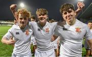 10 January 2017; Presentation College Bray team-mates, from left, Adam Kiernan, Cillian Kelly and captain Christopher Lawless celebrate following the Bank of Ireland Fr Godfrey Cup Round 1 match between Presentation College Bray and Mount Temple at Donnybrook Stadium in Donnybrook, Dublin. Photo by Cody Glenn/Sportsfile