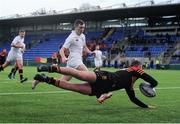 11 January 2017; Cameron Watson of CBC Monkstown goes over to score his sides first try during the Bank of Ireland Vinnie Murray Cup Round 1 match between Presentation College Bray and CBC Monkstown Park at Donnybrook Stadium in Donnybrook, Dublin. Photo by Sam Barnes/Sportsfile