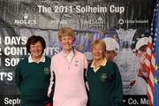 31 May 2011; The Greenore Golf Club, Louth, team, Nora Gormley, captain, centre, Odile Glynn, left, and Celine Griffin, pictured at The 2011 Solheim Cup Club Challenge Leinster Final at Dun Laoghaire Golf Club. 40 golf clubs qualified for the Leinster final, competing for a once-in-a-lifetime opportunity to play with a professional at the Ladies Irish Open on August 4 along with season tickets to The 2011 Solheim Cup in September. The Greenore Golf Club, Louth, team finished outside the top four qualification spots at the event. The 2011 Solheim Cup is the most prestigious international team event in women’s professional golf and will be take place in Killeen Castle, County Meath in September 23-25 this year. Log onto www.solheimcup.com for more information. The 2011 Solheim Cup Club Challenge Provincial Final, Dun Laoghaire Golf Club, Dun Laoghaire, Co. Dublin. Picture credit: Brian Lawless / SPORTSFILE
