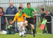 1 June 2011; Scott McElhinney, St. Patrick's NS, Carndonagh, Co. Donegal, in action against Roy Collins, Scoil Phádraig, Ballina, Co. Mayo. FAI Schools 5-a-Side National Finals, St.Patrick's NS v Scoil Phádraig, Leah Victoria Park, Tullamore Town FC, Co. Offaly. Picture credit: Barry Cregg / SPORTSFILE