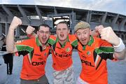 4 June 2011; Republic of Ireland supporters left to right, John Lanton, David Mulvey, both from Clondalkin, Co. Dublin, and Kieran O'Connor, from Cork City, wearing Republic of Ireland jerseys from the 1997 qualifer against Macedonia, support their team before the start of the game. EURO2012 Championship Qualifier, Macedonia v Republic of Ireland, Philip II Stadium, Skopje, Macedonia. Picture credit: David Maher / SPORTSFILE