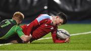 12 January 2017; Dylan Collum of Catholic University School scores a try despite the tackle of Oisin Allen of St Conleth’s College during the St Conleth’s College v Catholic University School - Bank of Ireland Vinnie Murray Cup Round 1 match at Donnybrook Stadium in Donnybrook, Dublin. Photo by Matt Browne/Sportsfile