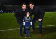 13 January 2017; Matchday mascot Niall Finn, from Garristown, Dublin, with Leinster's Dave Kearney and Mike McCarthy ahead of the European Rugby Champions Cup Pool 4 Round 5 match between Leinster and Montpellier at the RDS Arena in Dublin. Photo by Stephen McCarthy/Sportsfile