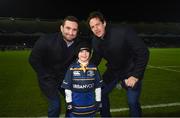 13 January 2017; Matchday mascot Niall Finn, from Garristown, Dublin, with Leinster's Dave Kearney and Mike McCarthy ahead of the European Rugby Champions Cup Pool 4 Round 5 match between Leinster and Montpellier at the RDS Arena in Dublin. Photo by Stephen McCarthy/Sportsfile