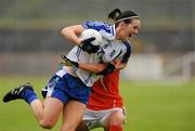 5 June 2011; Amanda Casey, Monaghan, in action against Sinead McCleary, Armagh. Ulster Ladies Football Senior Championship, Armagh v Monaghan, Armagh v Monaghan, Healy Park, Omagh, Co. Tyrone. Picture credit: Oliver McVeigh / SPORTSFILE