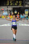 6 June 2011; Donegal's Catriona Jennings crosses the finish line to win the 2011 Flora Womens Mini Marathon. 2011 Flora Womens Mini Marathon, Dublin City. Picture credit: Pat Murphy / SPORTSFILE