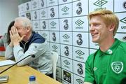 6 June 2011; Republic of Ireland captain Paul McShane with manager Giovanni Trapattoni during a press conference ahead of their International friendly against Italy on Tuesday in Belgium. Republic of Ireland press conference, Stade Maurice Dufrasne, Liege, Belgium. Picture credit: David Maher / SPORTSFILE