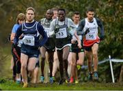 14 January 2017; Eventual winner Conseslus Kipruto, centre, of Kenya, trails Lachlin Oates, left, of Scotland during the first lap of the Senior Mens race at the Antrim International Cross Country at the Greenmount Campus, Stormont, Co. Antrim. Photo by Oliver McVeigh/Sportsfile