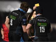 14 January 2017; Referee Luke Pearce issues a yellow card to Stuart Hogg of Glasgow Warriors during the European Rugby Champions Cup pool 1 round 5 match between Glasgow Warriors and Munster at Scotstoun Stadium in Glasgow, Scotland. Photo by Stephen McCarthy/Sportsfile